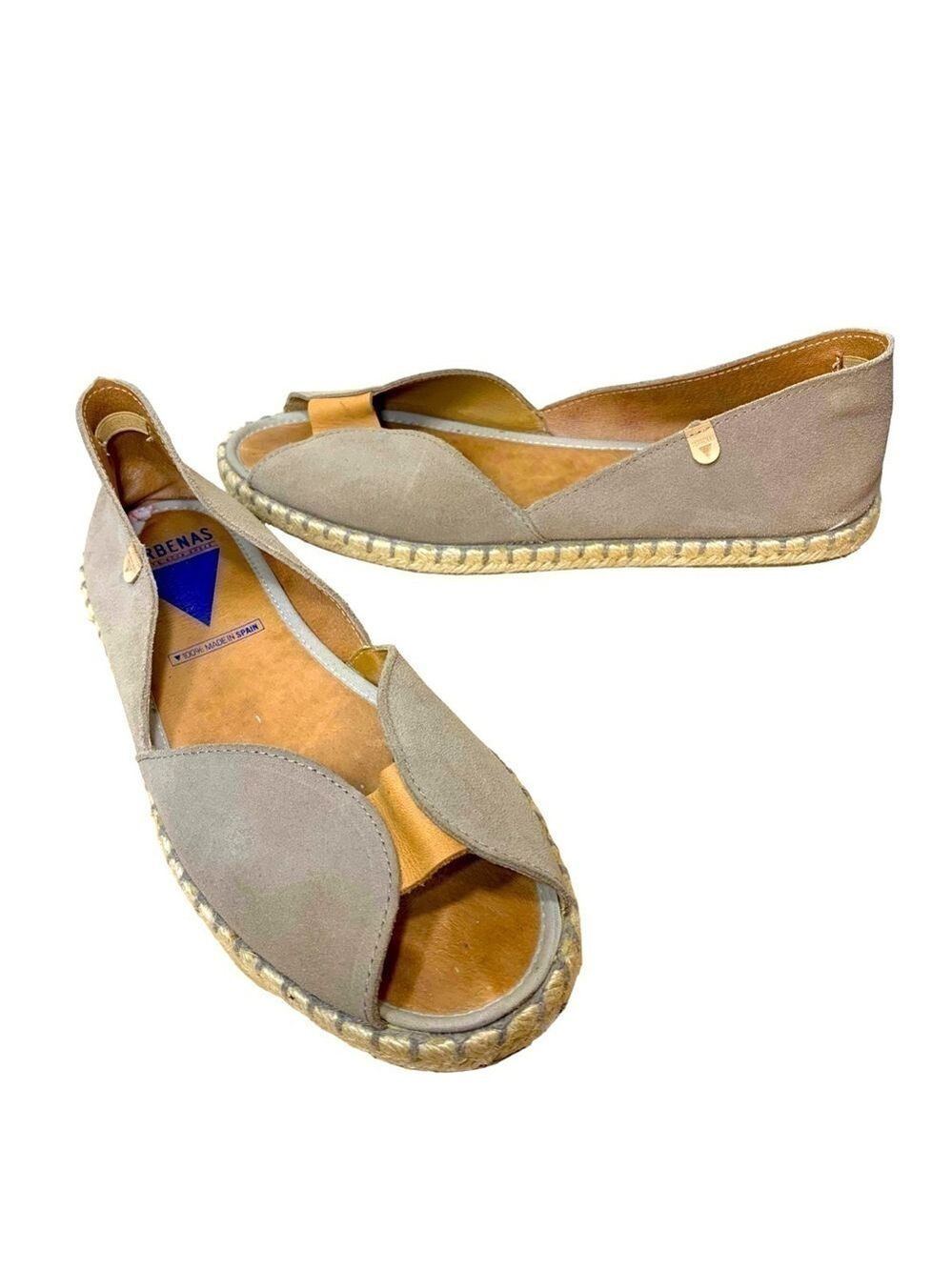 Verbenas Spain Tan Suede Leather Espadrille Flat Shoes Sz 40 Peep Toe Slip on